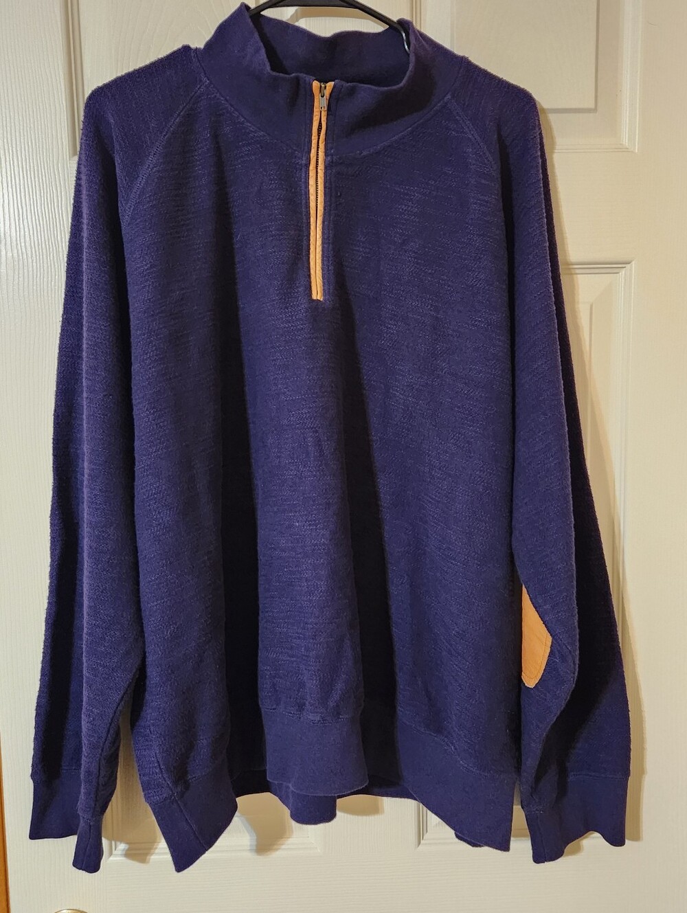 Orvis Men's XL Purple 100% Cotton 1/4 Zip Mock Neck Pullover Elbow Patch Details